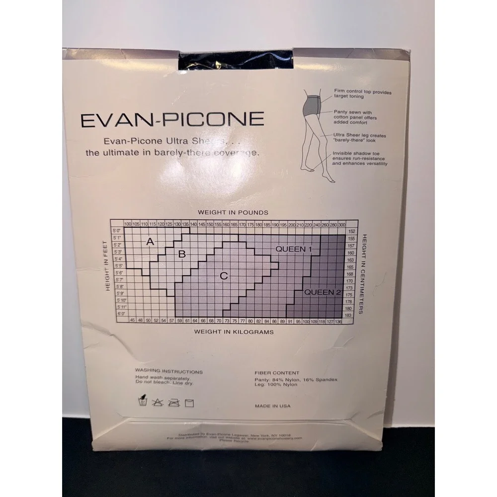 Evan-Picone Ultra Sheer Control Top Pantyhose Jet Black Size B Shadow Toe USA